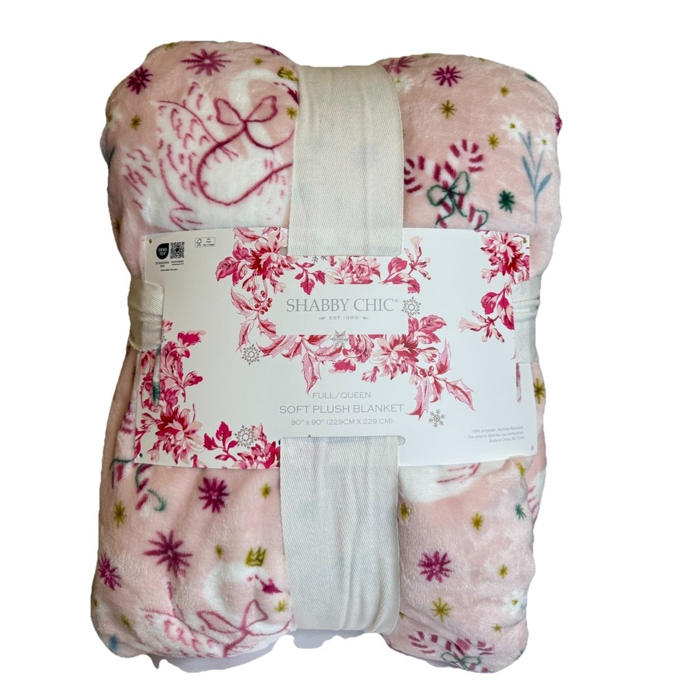 Shabby‎ Chic Pink Swan Bows Holiday Plush Blanket Full/Queen Coquette NEW 90x90